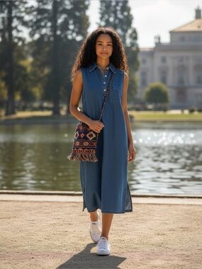Directives Sleeveless Collared Blue Denim Maxi Dress Size Medium